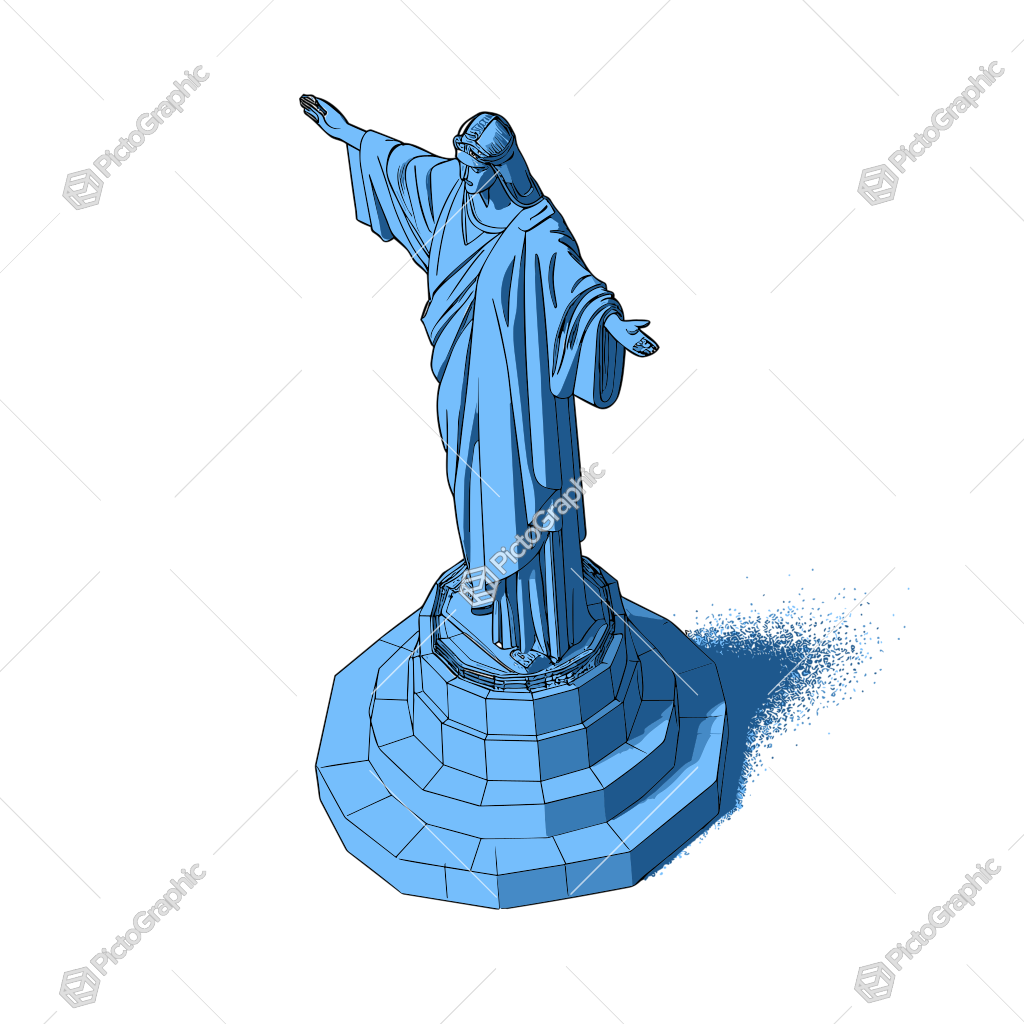 The image shows a blue wire-frame digital art of the Statue of Liberty deconstructing.