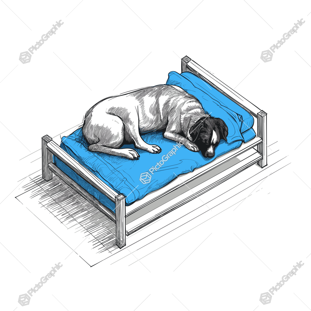 A dog sleeping on a minimalistic bed with a blue mattress.