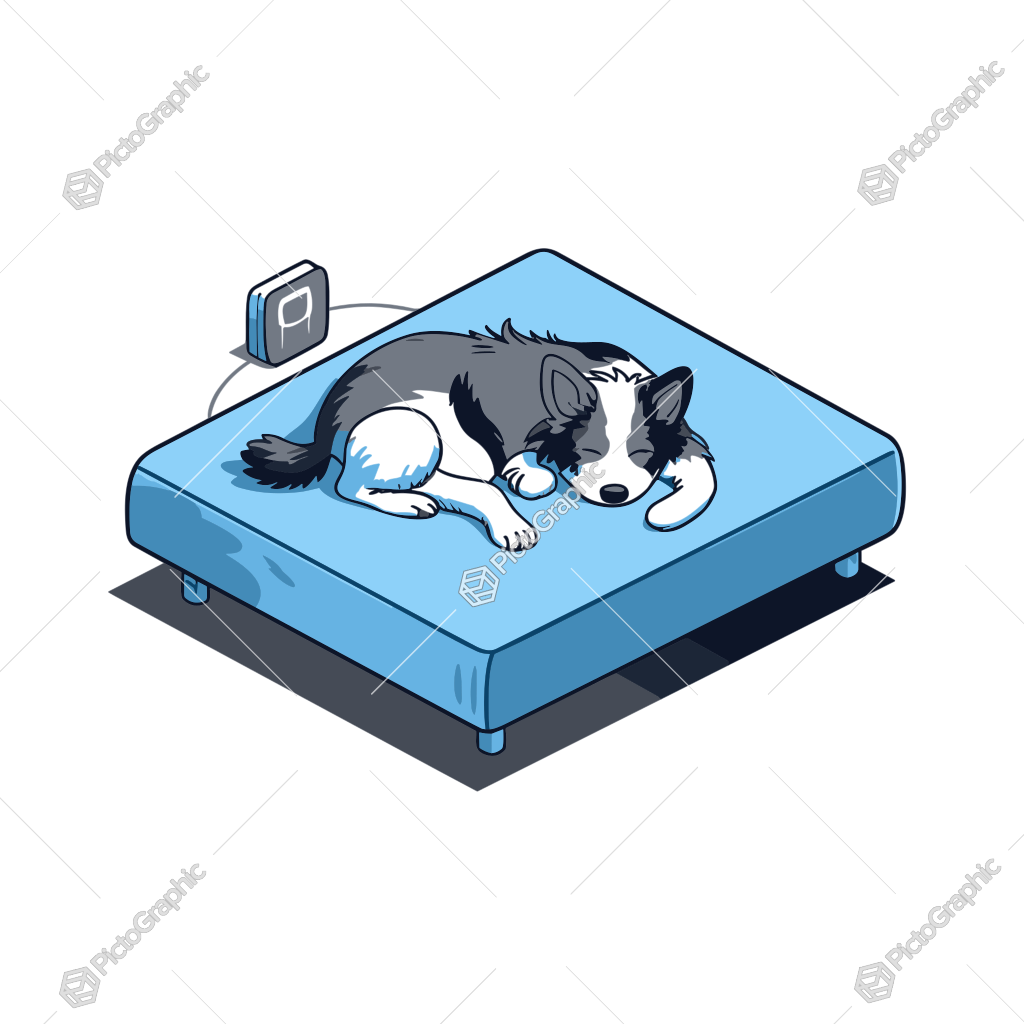 An illustrated dog sleeping on a bed with an air cooling device nearby.