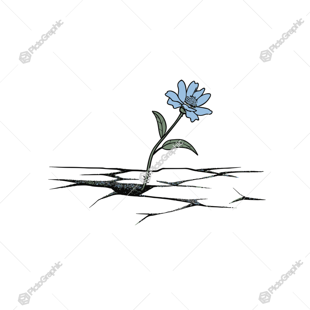 A blue flower emerging from a crack in the ground.