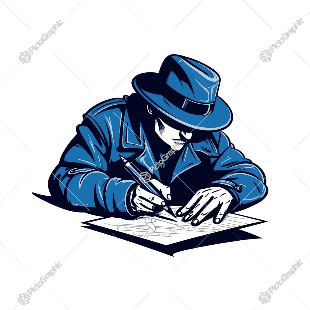 A stylized detective is depicted writing or sketching on paper.