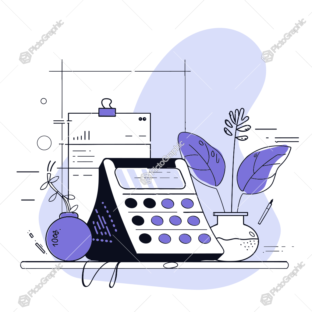 The image is an illustration of a workspace with a calculator, plant, and other office supplies