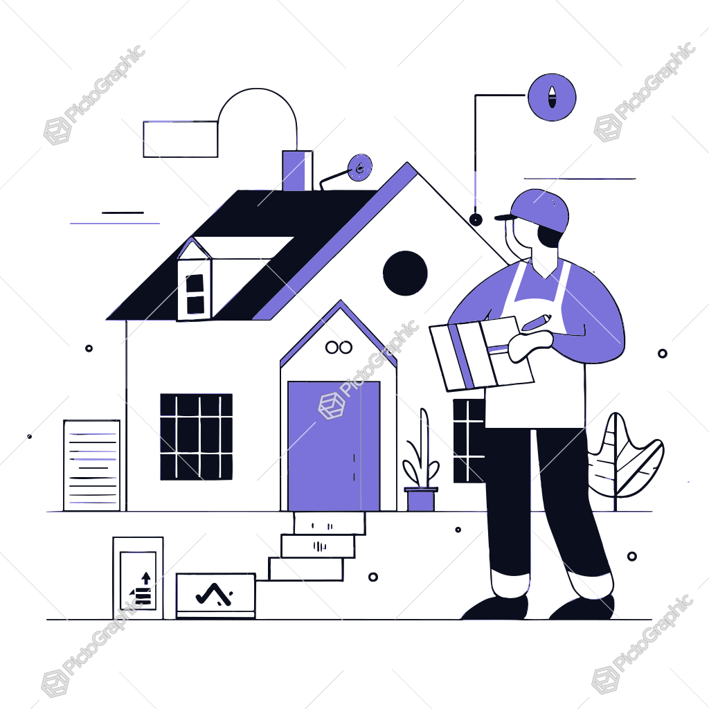 The image contains a simplified representation of a construction worker with a house and various construction icons around.