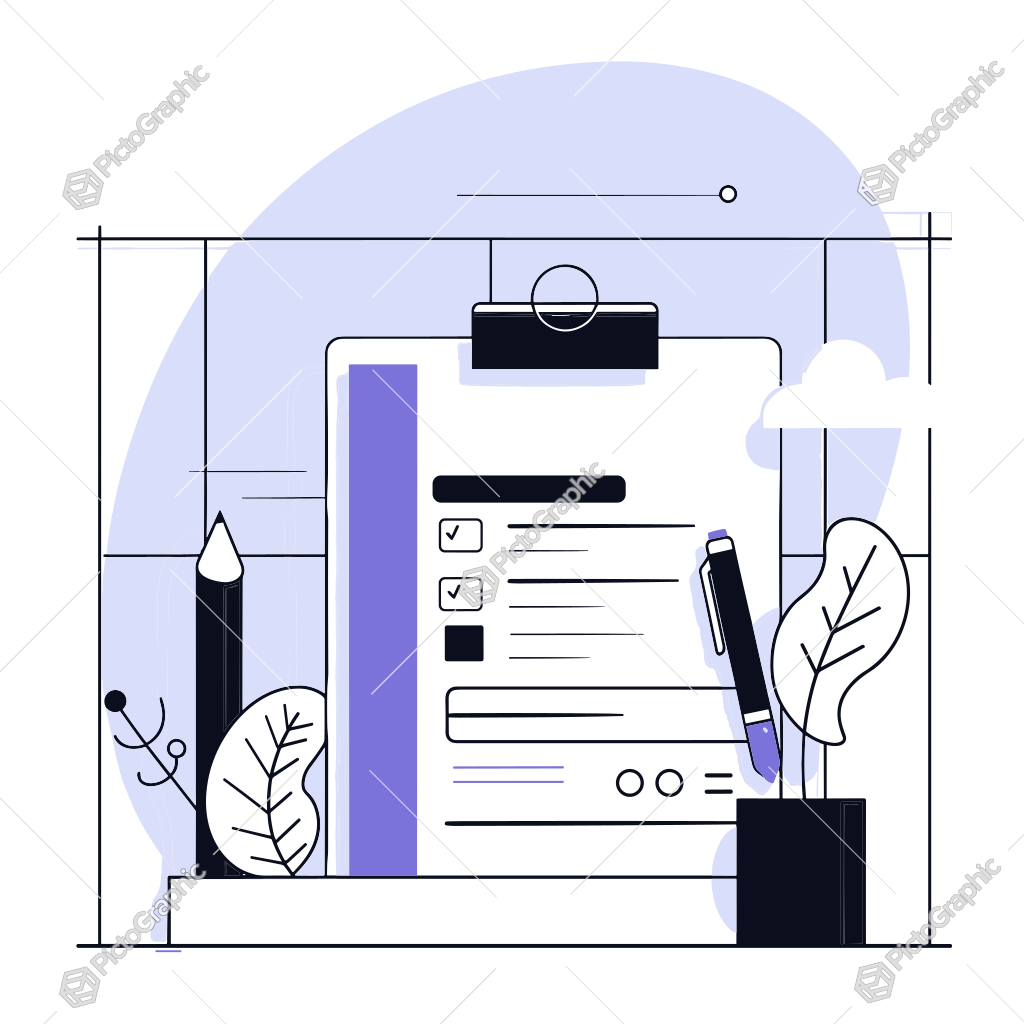 The image shows an illustrated clipboard with a document, a pencil, a pen, and a part of a potted plant, representing a work or office setting.