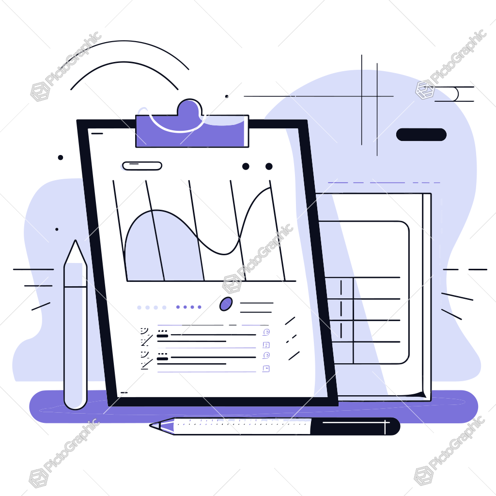 The image is an illustration representing data analysis and digital productivity tools, with a clipboard, tablet with user interface, and pencil.