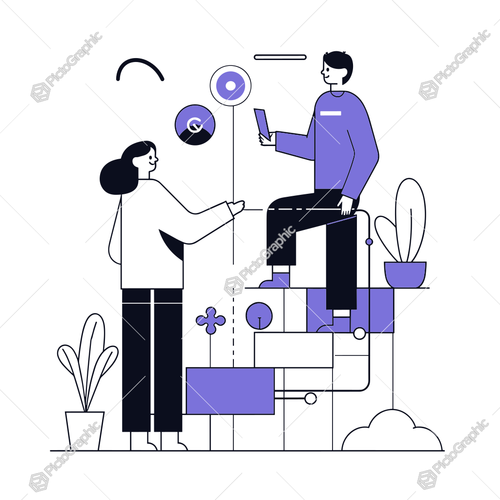 An abstract illustration of two people interacting near a geometric staircase, with plants in the background