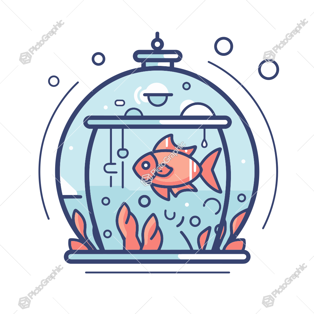 This is an illustration of a fish in a fishbowl with plants and bubbles.