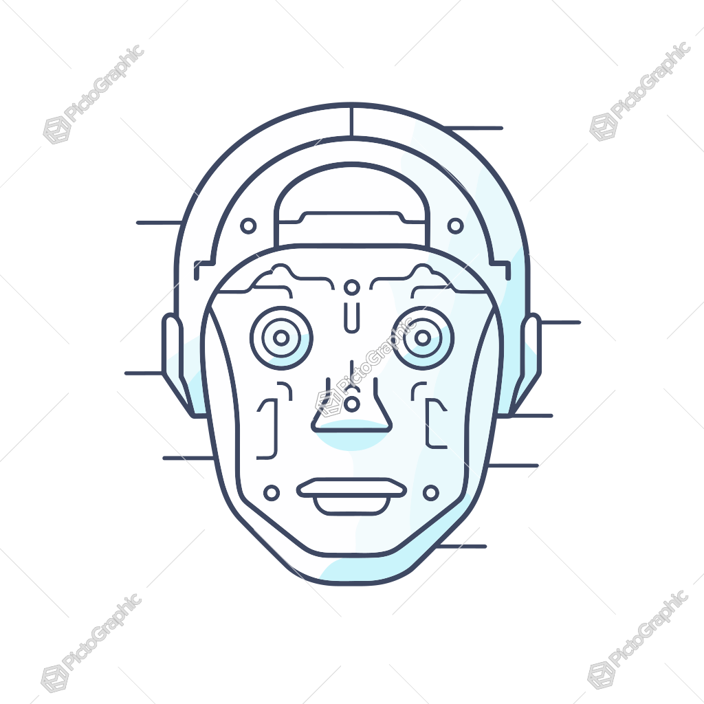 The image is a line drawing of a robot head with headphones.