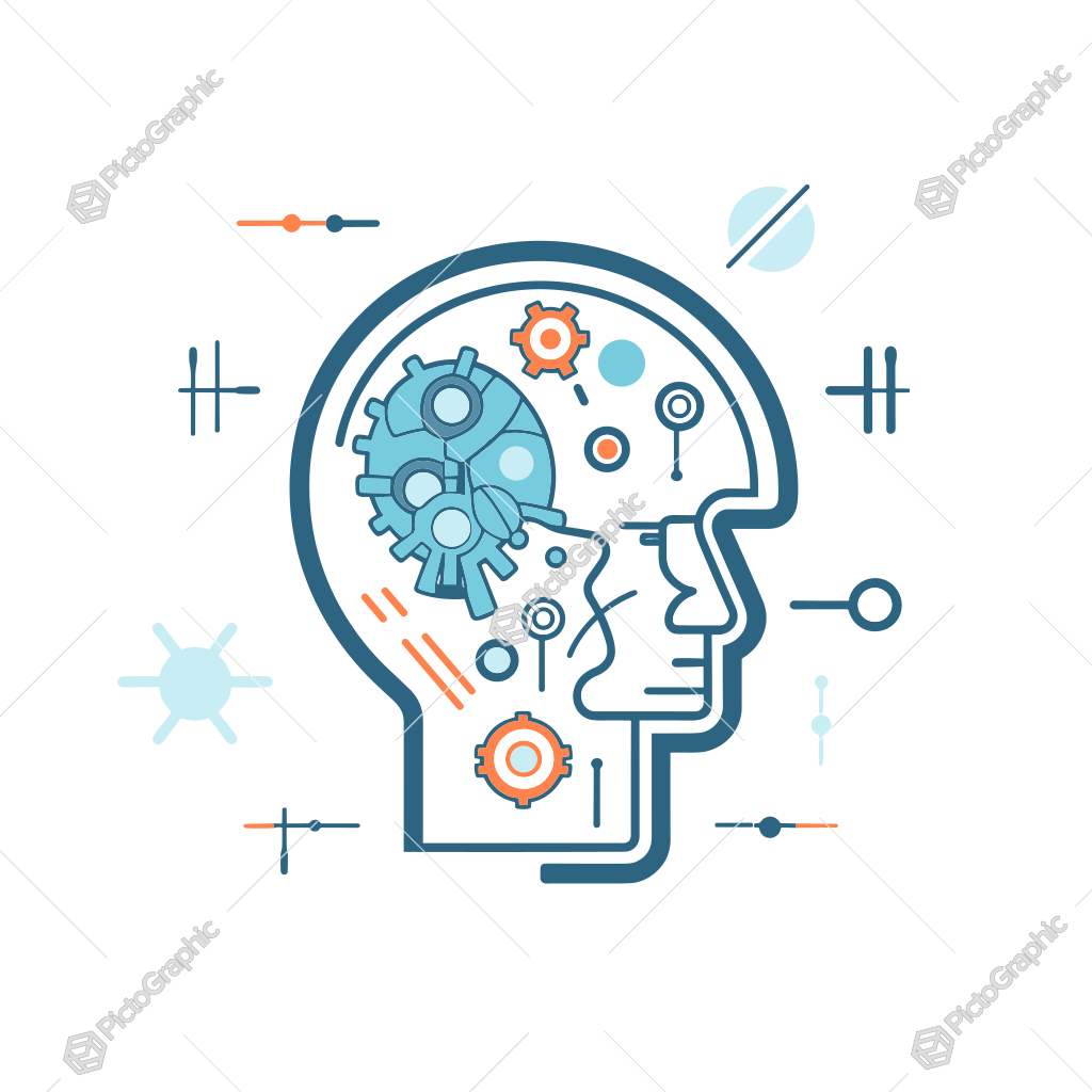 Stylized graphic of a mechanical human brain.