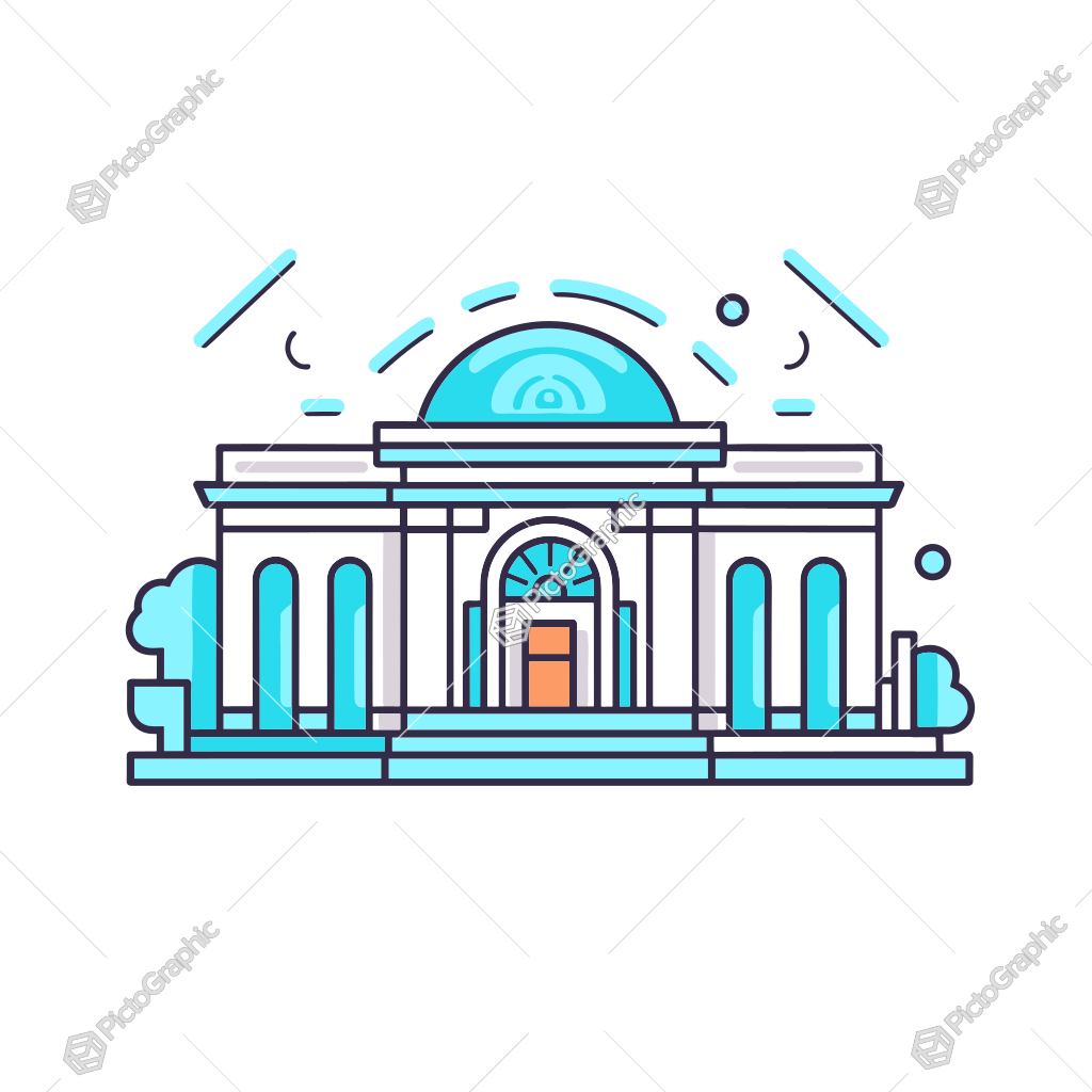 Stylized illustration of a neoclassical building with a dome and columns.