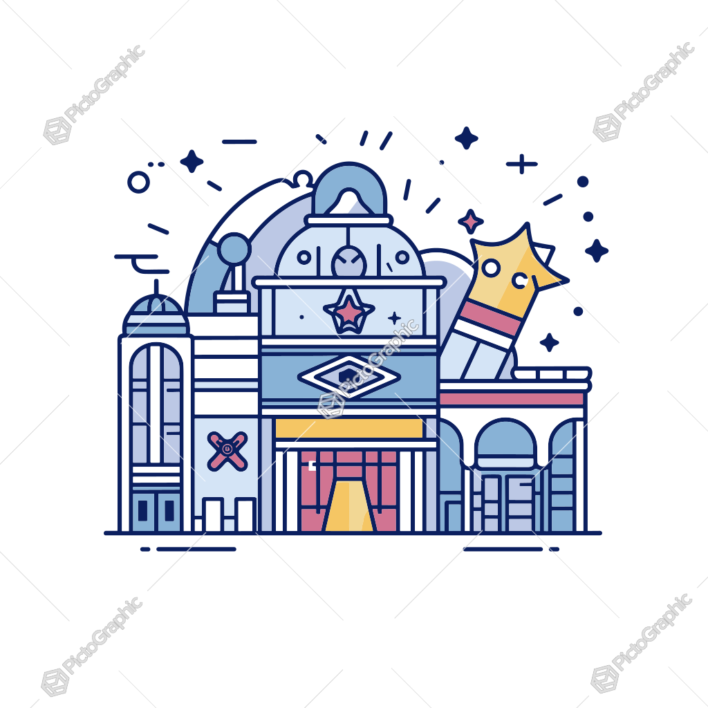 Illustration of a colorful, astronomy-themed building with observatory and educational elements, featuring stars and sparkles.