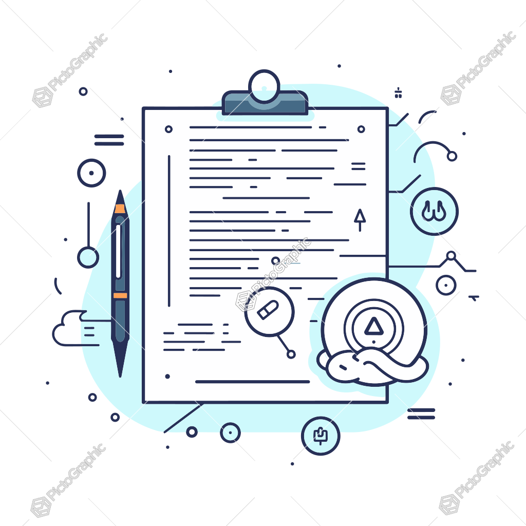 This is an illustration of a clipboard with a document, pencil, and magnifying glass, with a focus on analysis or information gathering.