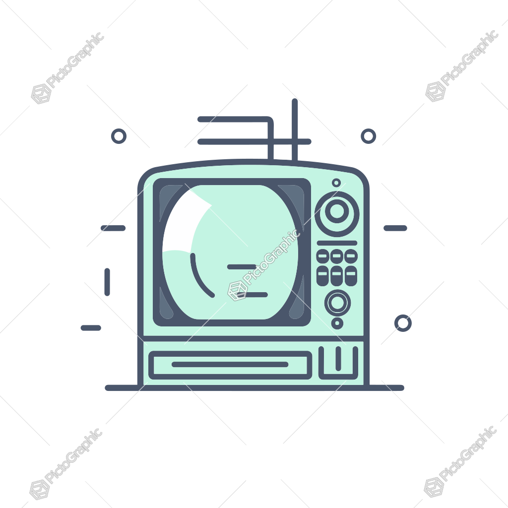 A retro television with a stylized face on the screen, featuring antennas on top and controls on the side.