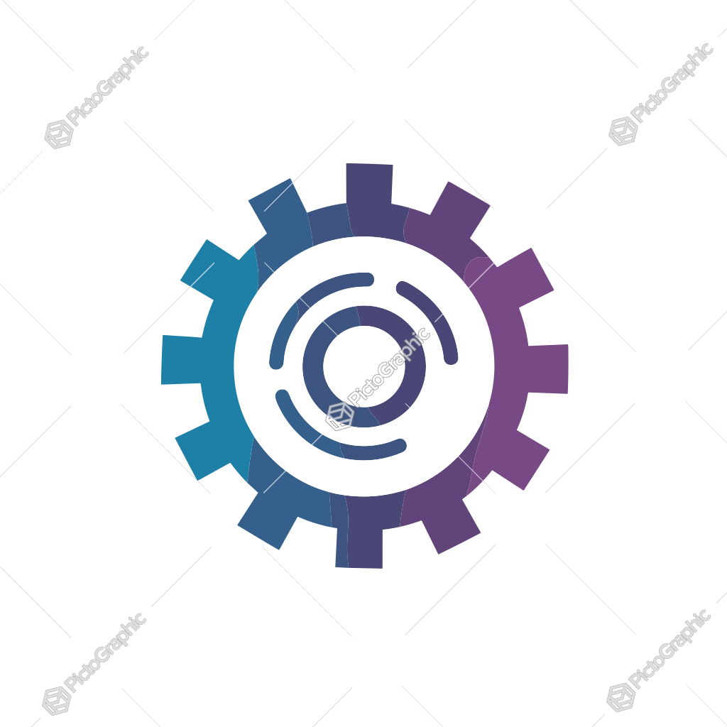 The image is a colorful, graphic icon of an eye within a gear or cogwheel, split into blue and purple sections.