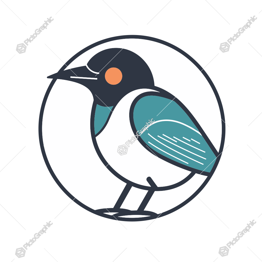 Stylized bird illustration within a circle.