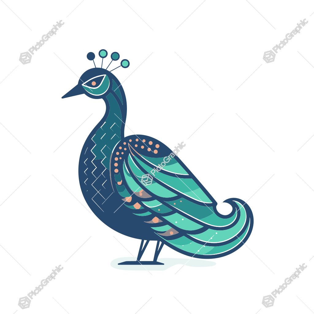 Illustration of a stylized peacock in shades of blue and teal with a white background.