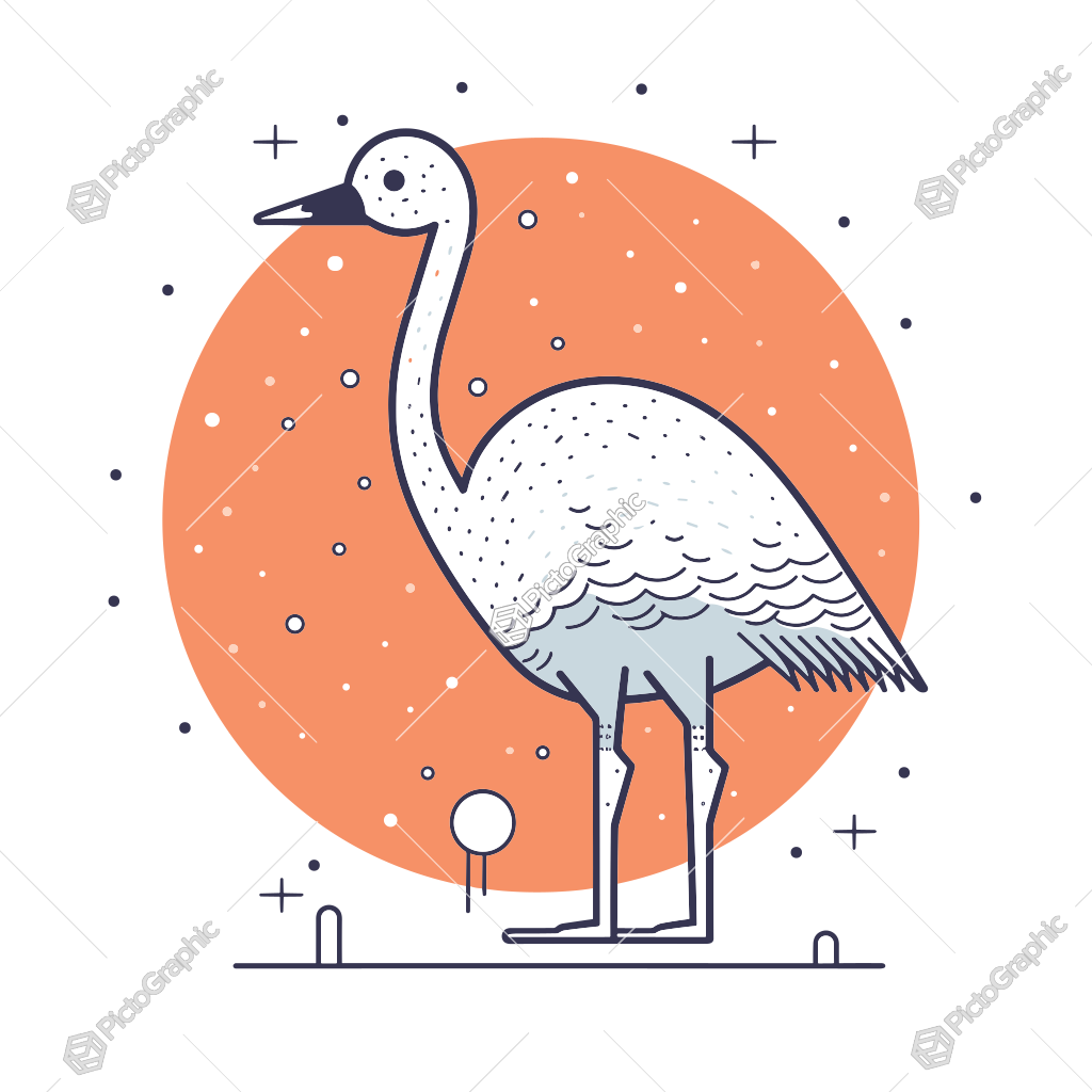 Illustration of a stylized crane against an orange backdrop with decorative elements.