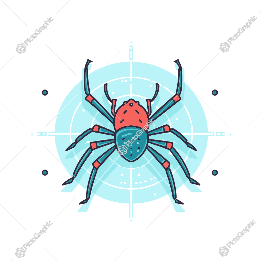 This is an illustration of a colorfully designed spider with a semi-abstract, digital art style background.