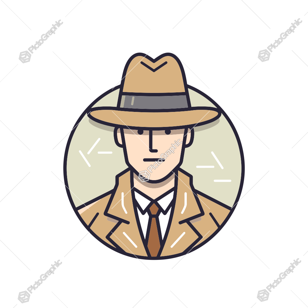 Stylized illustration of a classic detective character in a fedora hat and trench coat.