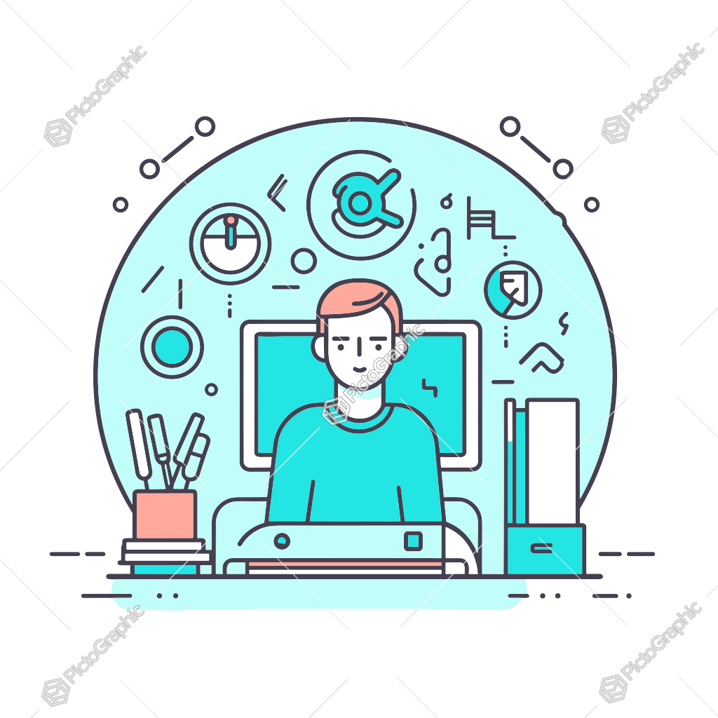 Illustration of a person at a computer desk with abstract symbols in the background.