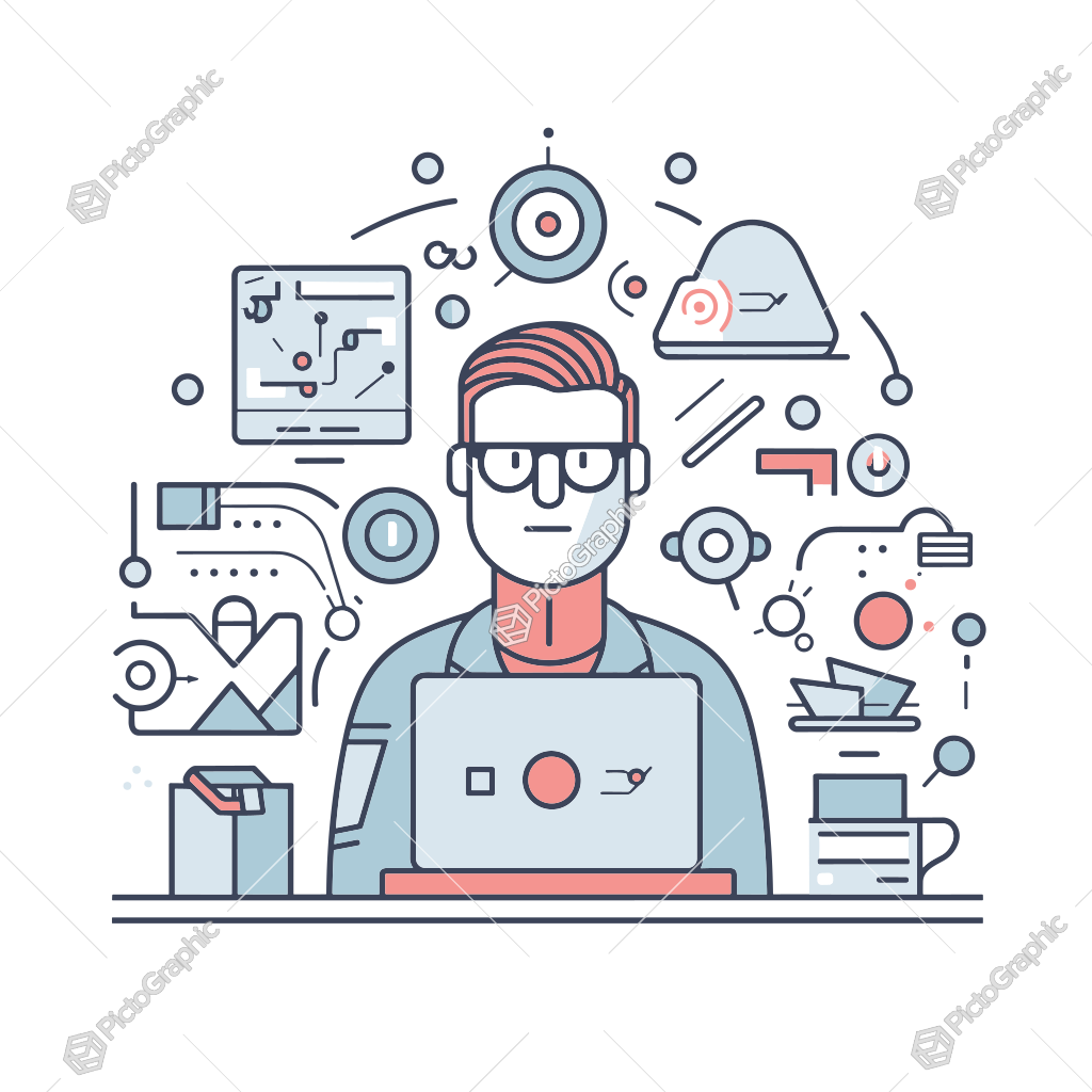 The illustration depicts a person at a desk working on a laptop, surrounded by various icons related to technology and productivity.