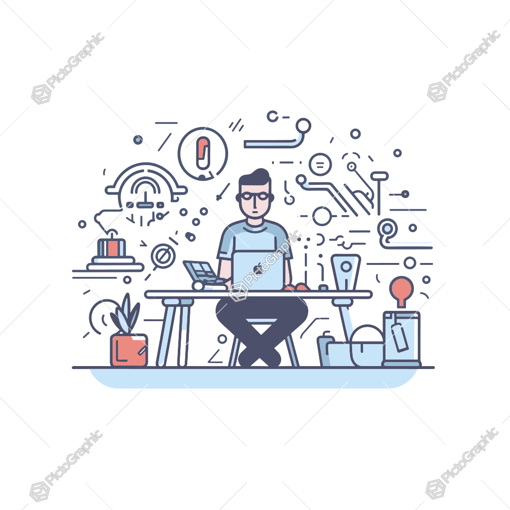 An illustrated person working on a laptop at a busy, icon-filled workspace.