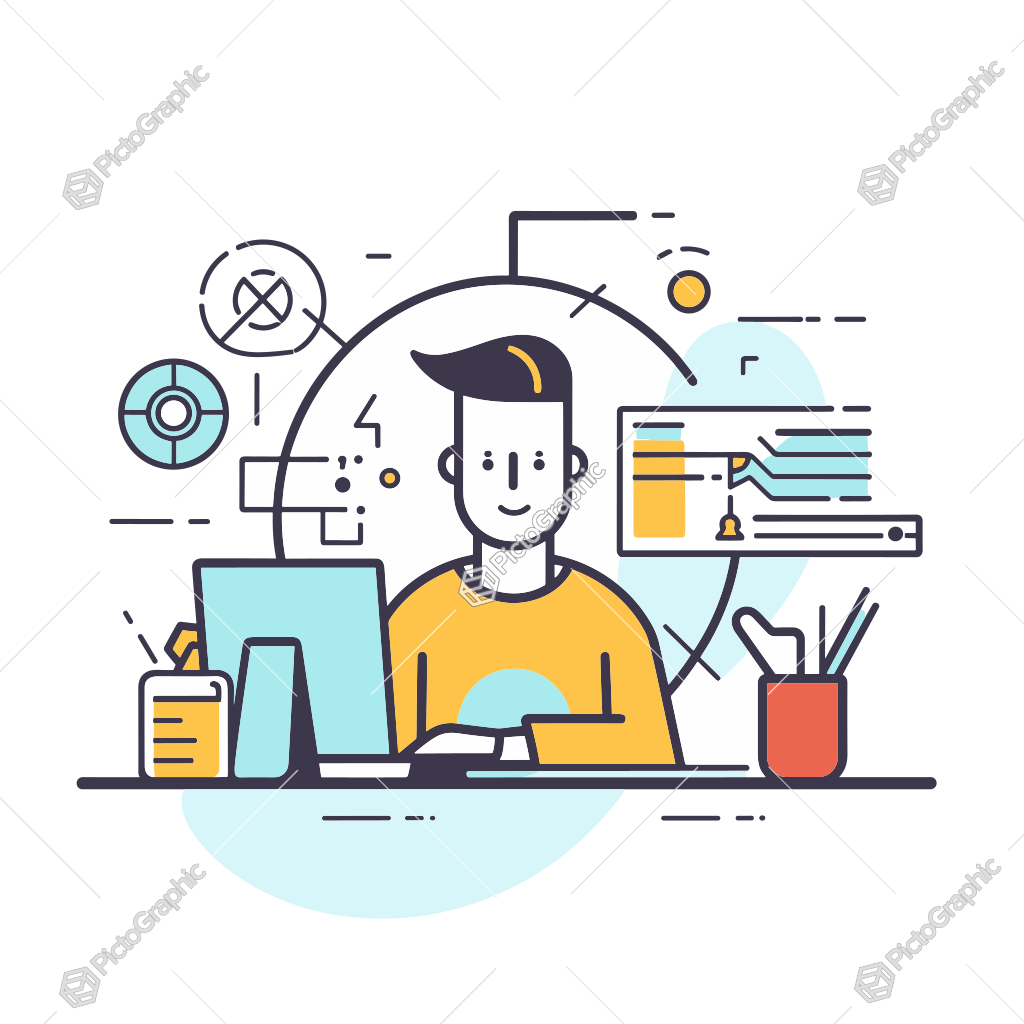 The image is an illustration of a person working at a desk surrounded by productivity symbols.