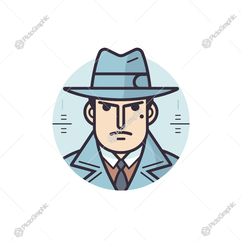 A stylized illustration of a serious man dressed as a detective.