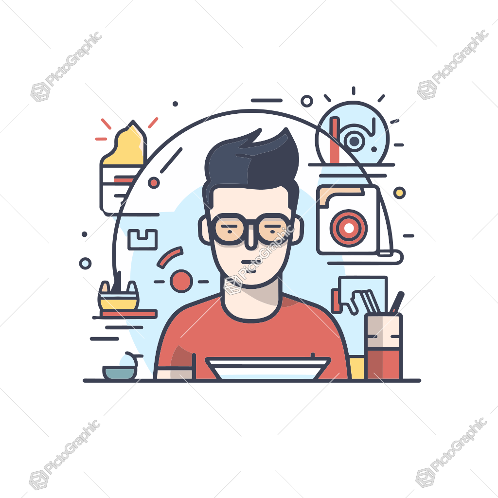 The image is a stylized illustration of a person at a desk with various creative work-related items in the background