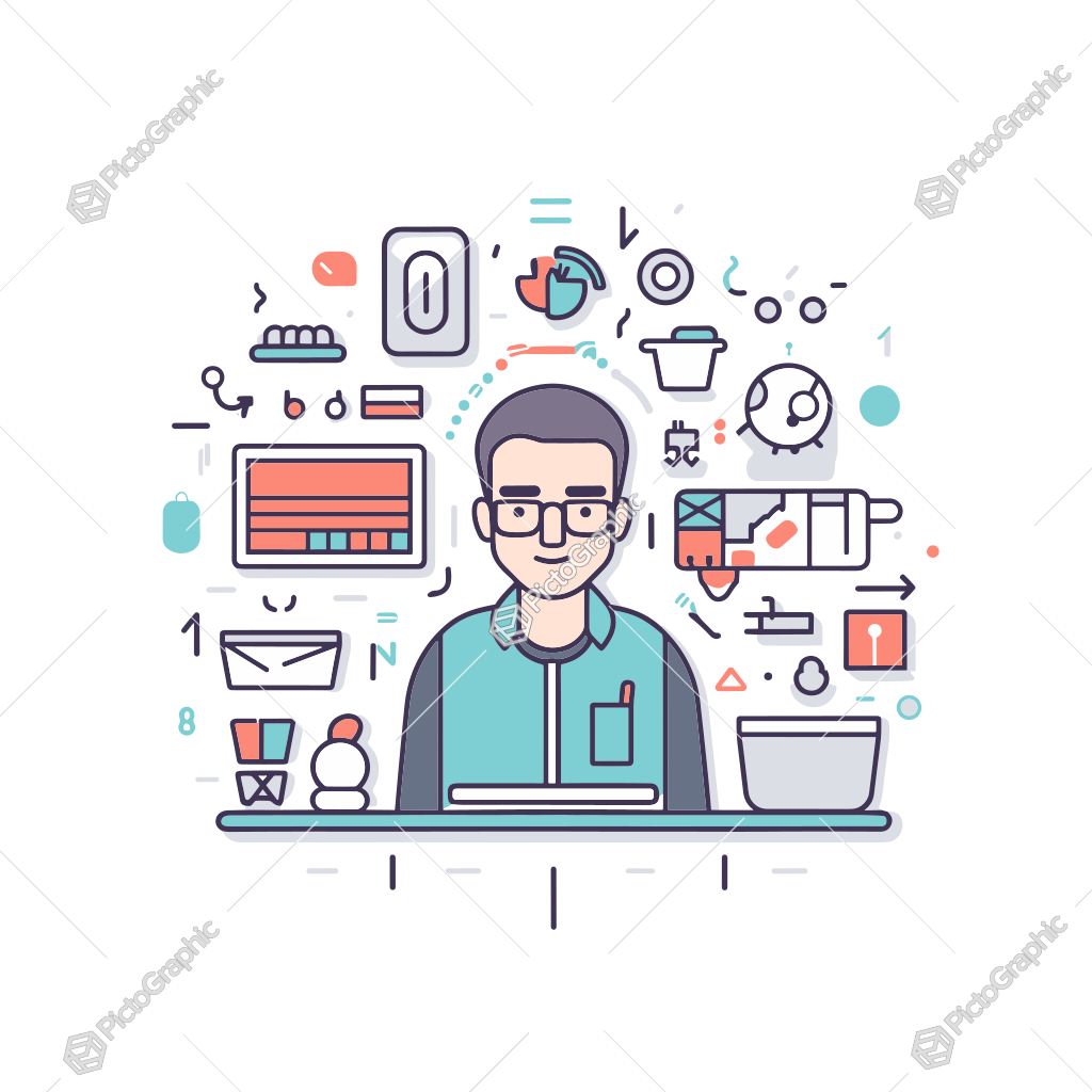 A person at a desk surrounded by various work-related icons.