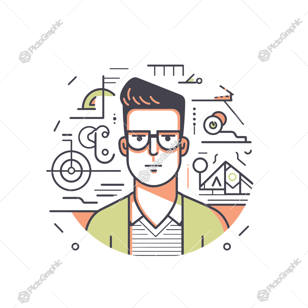 A stylized illustration of a man with scientific and mathematical icons in the background.