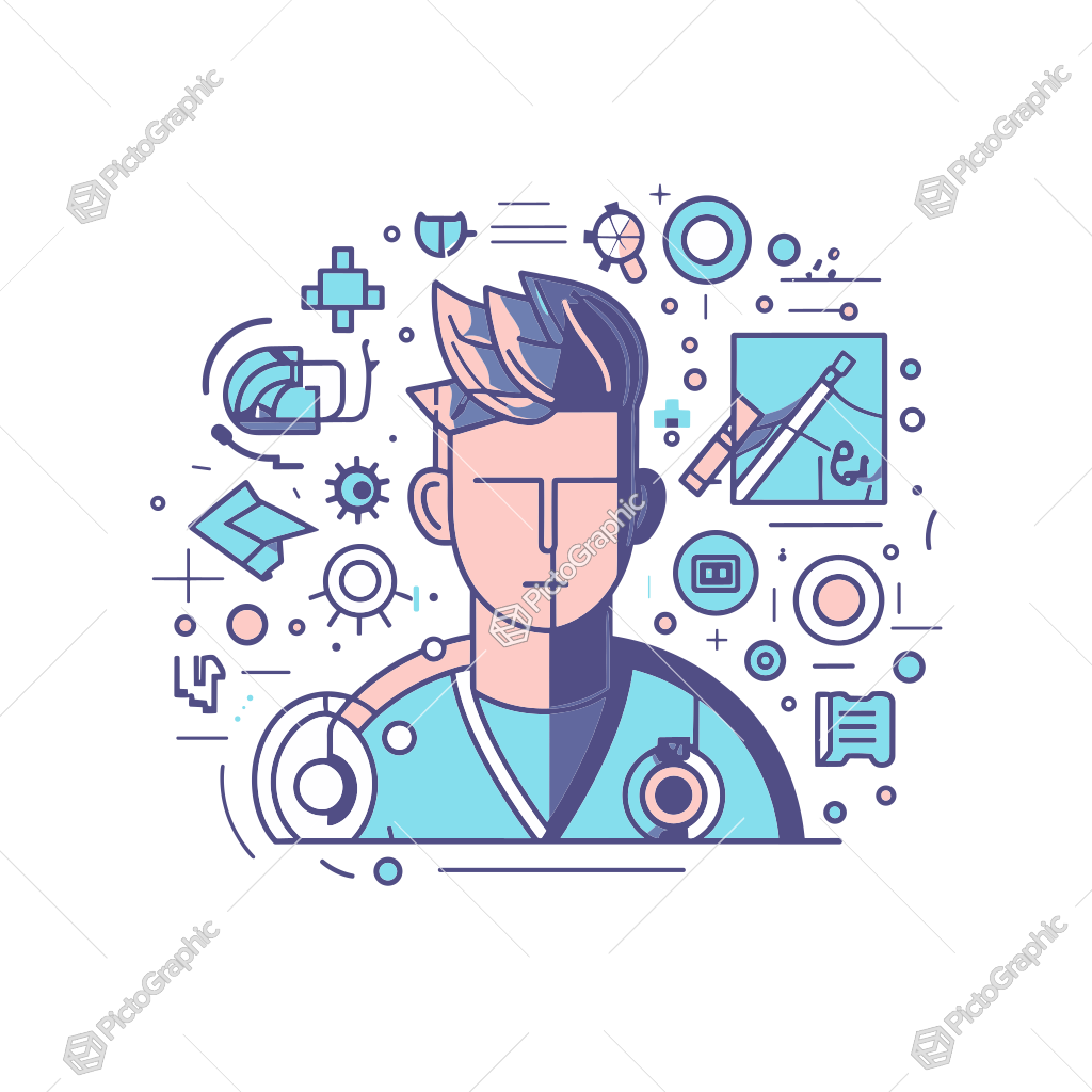 Stylized portrait of a male character surrounded by various icons related to creativity and technology.