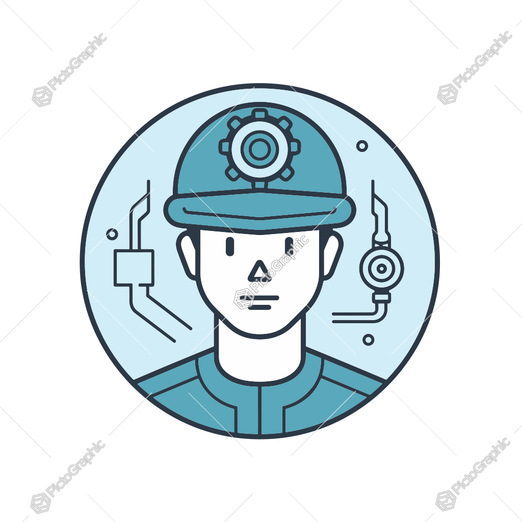 The image is a stylized icon representing a person associated with industry or engineering, wearing a hard hat.