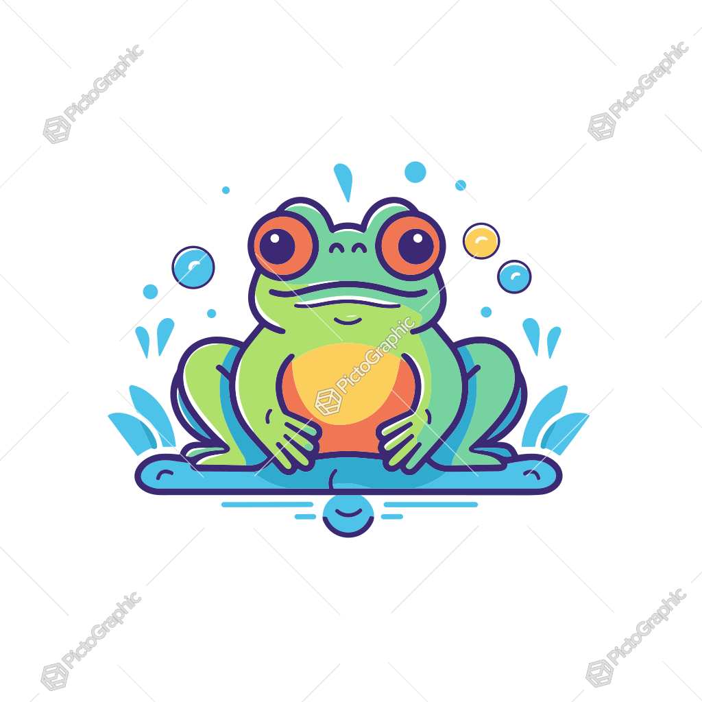 A cartoon frog on a lilypad surrounded by water splashes and bubbles.