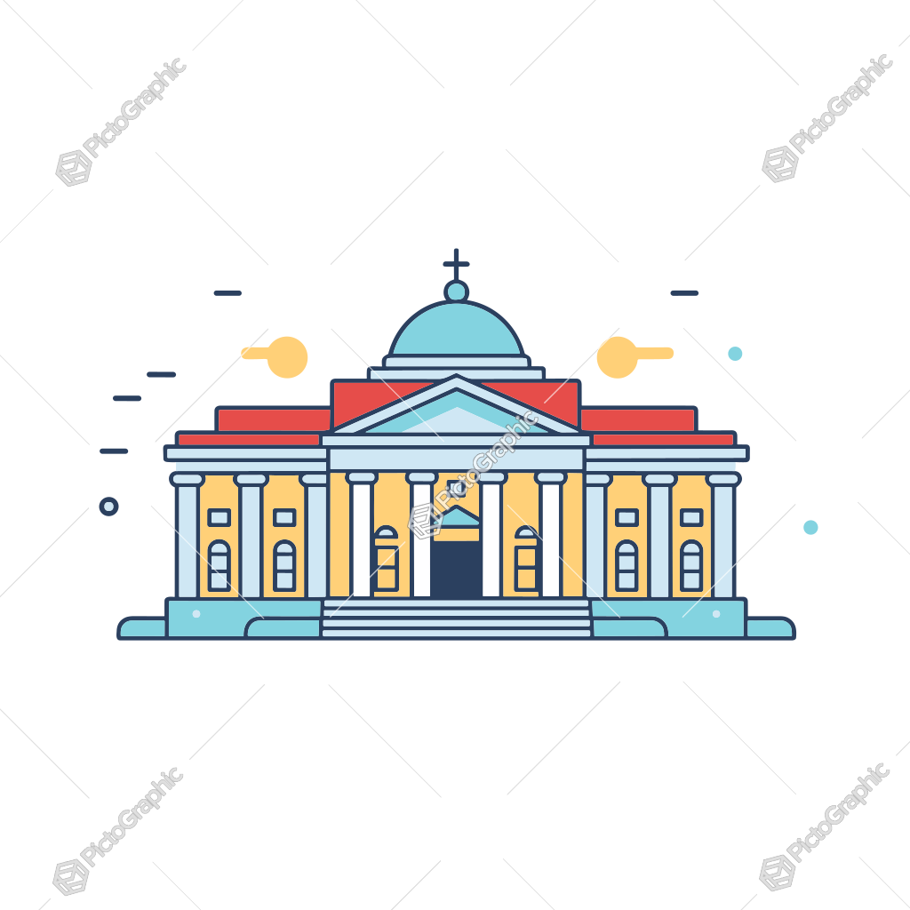 A colorful illustration of a classical building with a dome and columns.