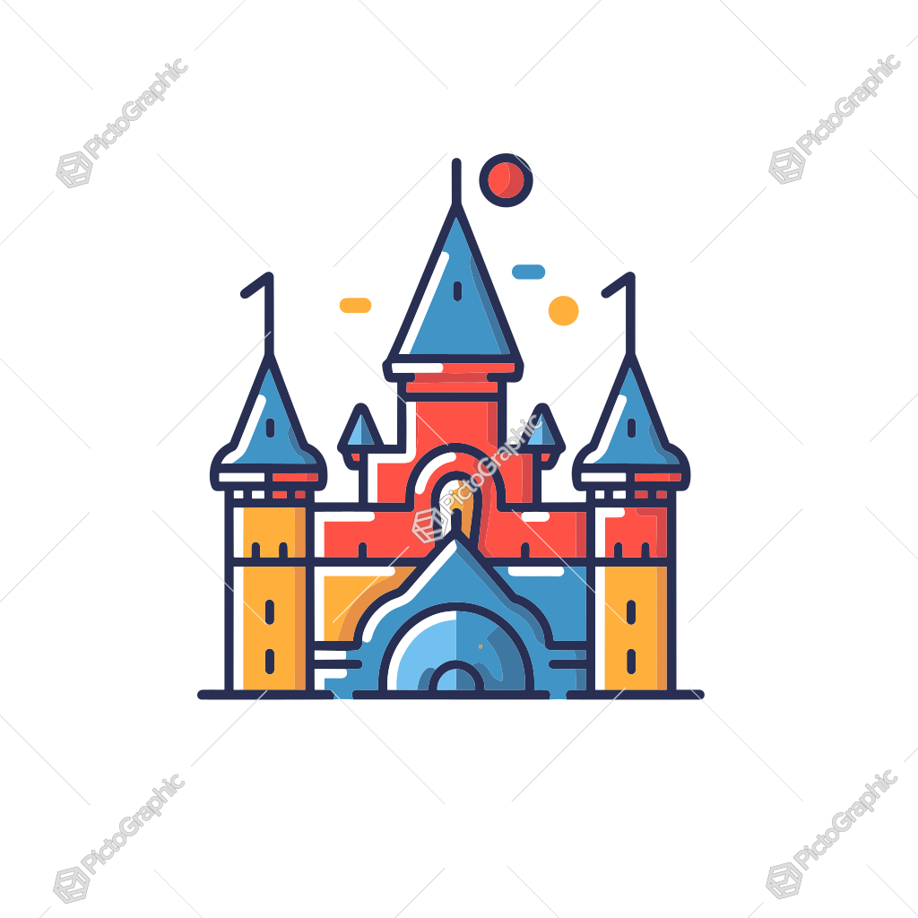 Stylized cartoon illustration of a colorful castle.