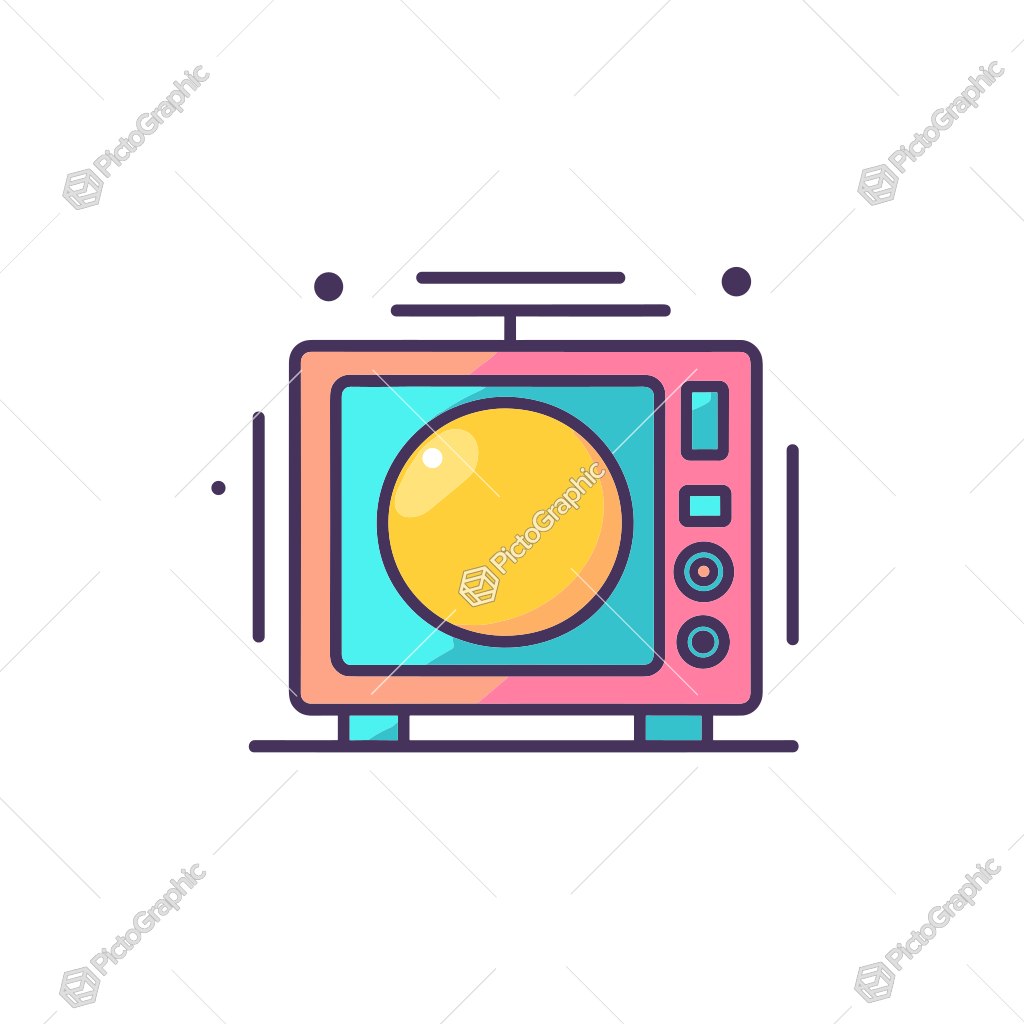 The image shows a colorful, illustrated television with a bright yellow screen and a whimsical design.