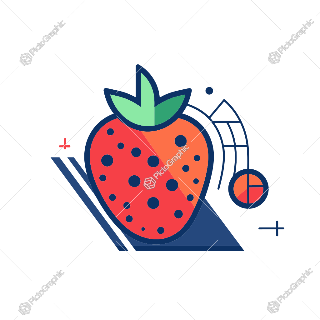 The image features a cartoon-like drawing of a strawberry with a musical note next to it, on a geometric background.