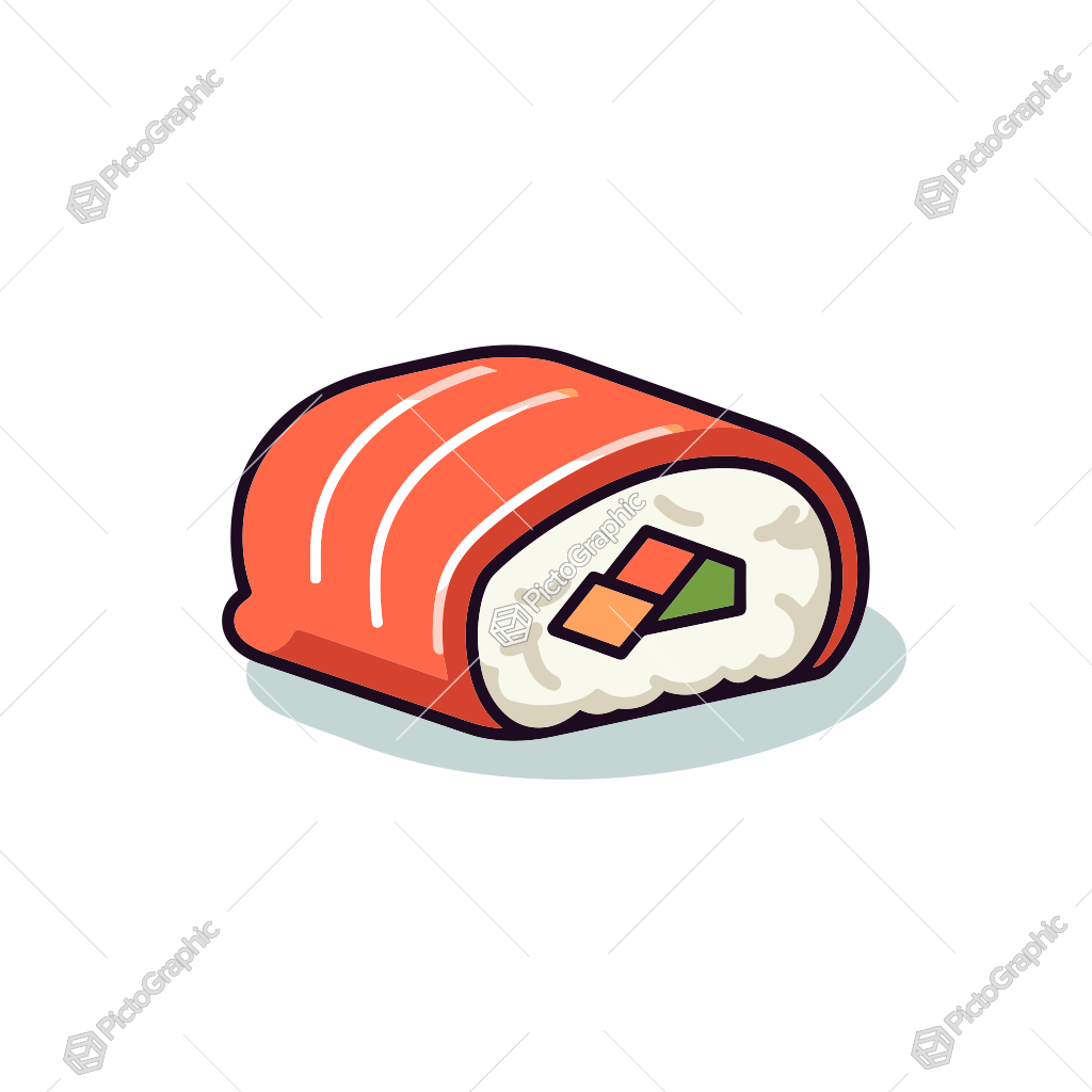 The image is a colorful illustration of a piece of salmon nigiri sushi.