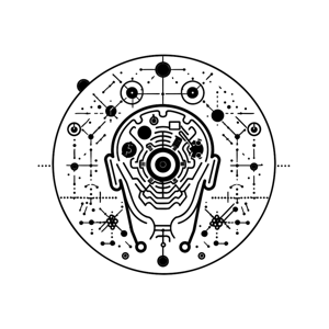 A monochrome image of a robot head in a circle with schematic or circuit-like details.