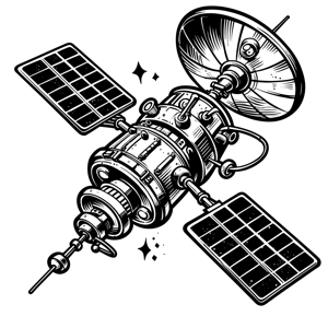 An illustration of a spacecraft or satellite with large solar panels and a communication dish antenna.