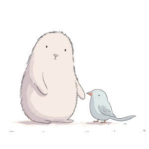 A cartoon of a chubby, fluffy creature standing next to a small bird.