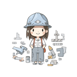 Stylized female construction worker surrounded by construction materials and tools.