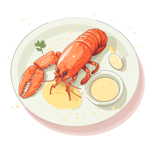 A drawing of a cooked lobster dinner on a plate.