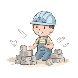 A cartoon child playing construction worker with bricks and paper planes.