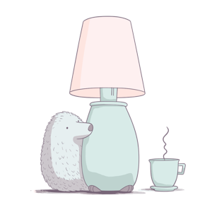 The image contains a cartoon hedgehog, a lamp, and a steaming cup.
