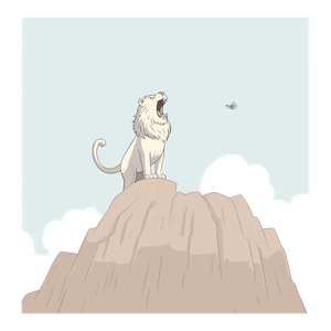 A roaring lion on a peak with a bird flying by and clouds in the background.