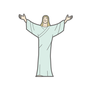 A stylized drawing of a person in a blue robe with arms outstretched.