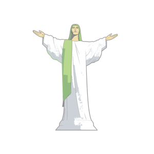 The image is an illustrated or animated depiction of a Jesus Christ-like statue with open arms.