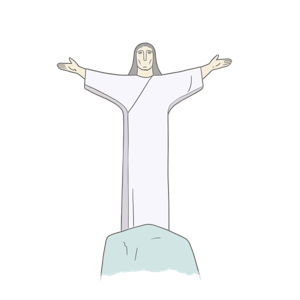 A simple drawing of a statue with outstretched arms on a hill.